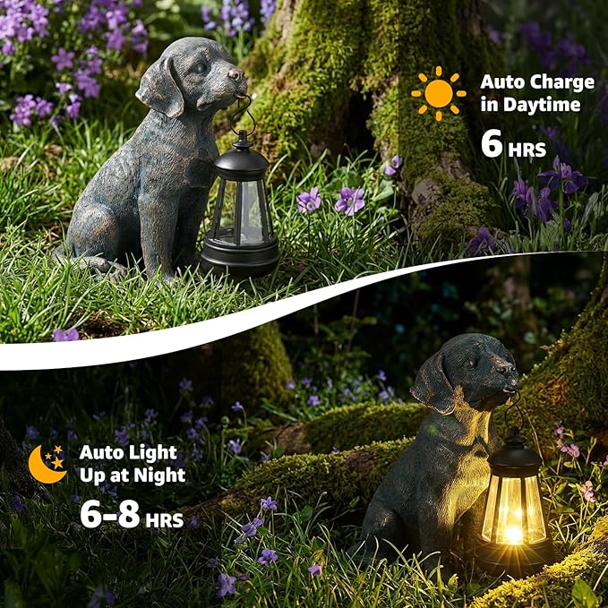 Lyeasw Solar Dog Statues with Lantern – Waterproof Outdoor Dog Figurines for Garden, Yard & Porch, Auto On/Off Solar Light, Birthday for Mom & Dog Lovers