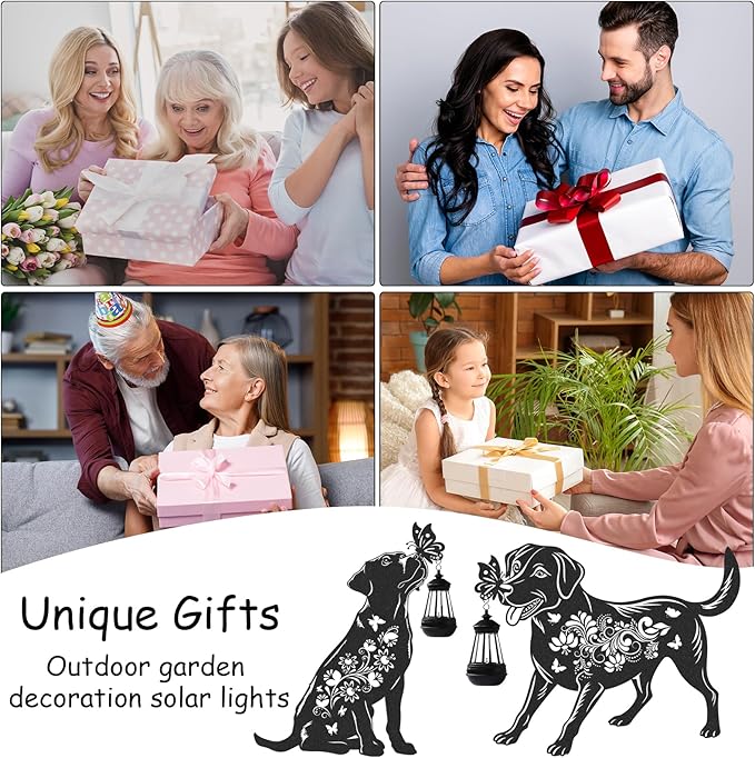 Solar Lights Garden Decor - 2 Pcs Metal Dog Statues Outdoor Decorative Yard Stakes with Lantern Waterproof Patio Lawn Pathway Ornaments Christmas Decorations Gifts for Women Animal Lover