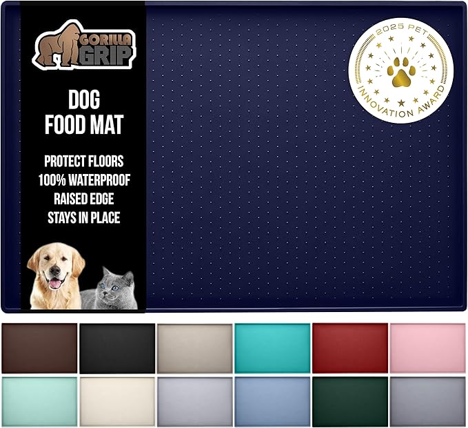 GORILLA GRIP 100% Waterproof Raised Edge BPA Free Silicone Pet Feeding Mat, Dog Cat Food Mats Contain Spills Protects Floors, Placemats for Cats and Dogs Water Bowl, Pets Accessories 32x24 Navy
