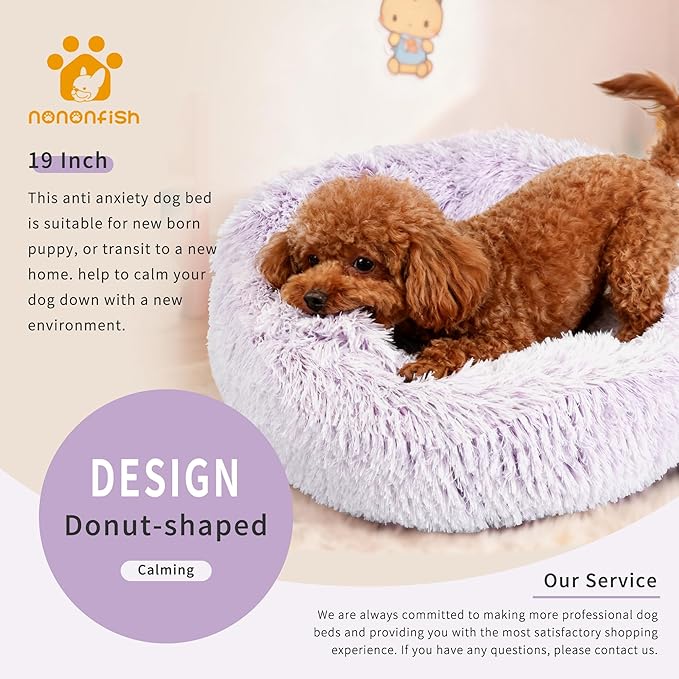Calming Donut Dogs Beds for Small Dogs Washable,19inch Fluffy Round Puppy Bed for Puppies,Cats & Toy Breeds with Raised Rim,Fits up to 15 lbs Pets,Gradient Purple