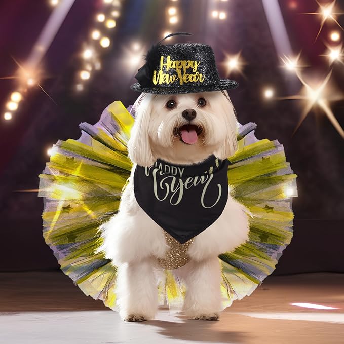 Suhine 3 Pcs Pet Happy New Year Costume Dog New Years Outfit Accessories Includes Puppy Dogs Tutu Dress Pet Hat and Dog Triangle Bandana for Medium Large Pets Costume Supplies