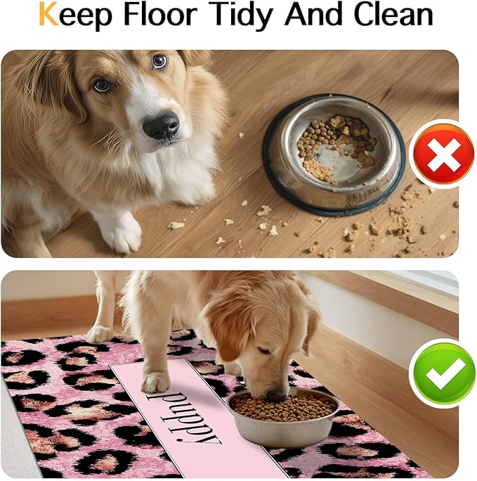 Puppy Feeding Mat 24x16 inch Pink Leopard Print Pet Bowl Placemat Non Slip Floor Mat for Food and Water Indoor Dog Feeding Station Cute Meal Pad for Small Pets Kitchen Use