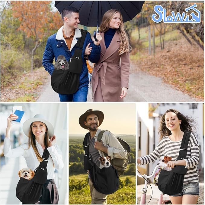 SlowTon Dog Carrier Sling - Thick Padded Shoulder Strap Adjustable Dog Carriers for Small Dogs, Puppy Carrier Purse for Pet Cat with Front Zipper Pocket Safety Belt Machine Washable (Black M)