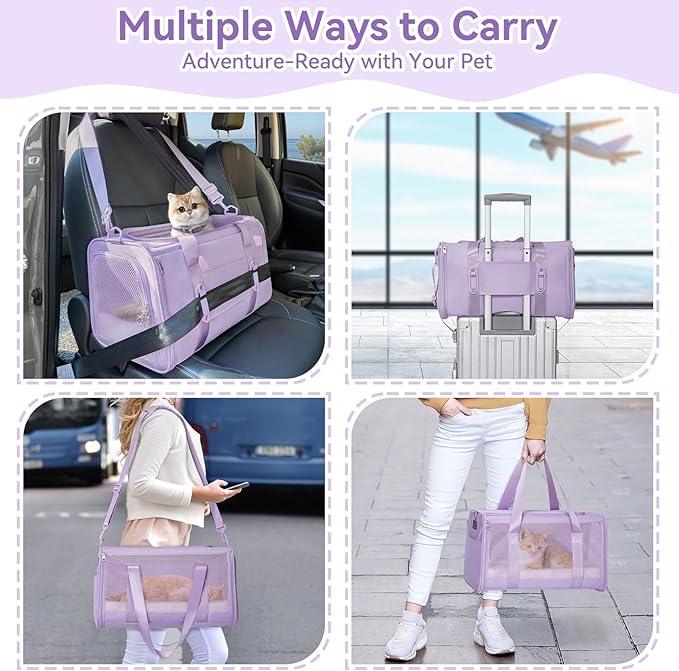 PETSFIT Soft-Sided Cat Carrier with Patented Safety Buckles, Lockable Zippers & Safety Tether,Escape-Resistant Travel Pet Carrier for Car Rides & Vet Visits, Airline Approved Under-Seat, Up to 12 lbs