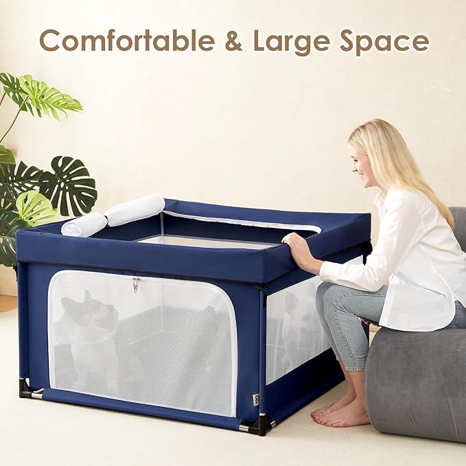EHEYCIGA 42x42x26 Inches Puppy Playpen with Top Cover for Dogs & Cats Indoor or Outdoor - Dog Playpen with Door, Dog Fence for Small Animal with Heavy-Duty Oxford & Steel Frame, Navy