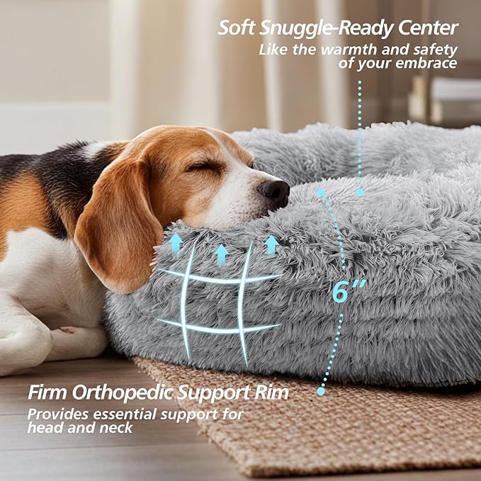 JOLLYVOGUE Small Dog & Cat Beds for Indoor Cats - 20 inches Calming Donut Dog Bed for Kittens & Puppies, Washable Round Fluffy Plush Faux Fur Pet Beds (Smoke Grey)