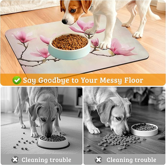 Pink Magnolia Feeding Mat,Vintage Flowers Absorbent Quick-Dry Cat Dog Food and Water Bowl Mats,Non-Slip Rubber Backing Mat,Cat Dog Accessories Supplies 12" x 20"