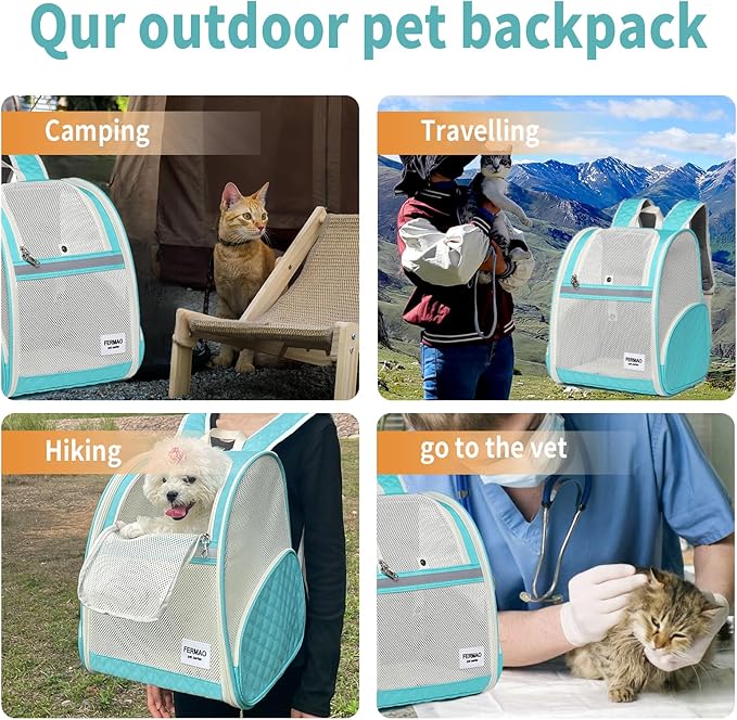 Cat Backpack Carrier for Small Dogs and Medium cat Puppy Kitten Bunny Pet Carrier Backpack Collapsible with Fully Ventilated Mesh with Safety Leash (LightGreen, 12.9" L x 10.62" W x 15.5" H - M)
