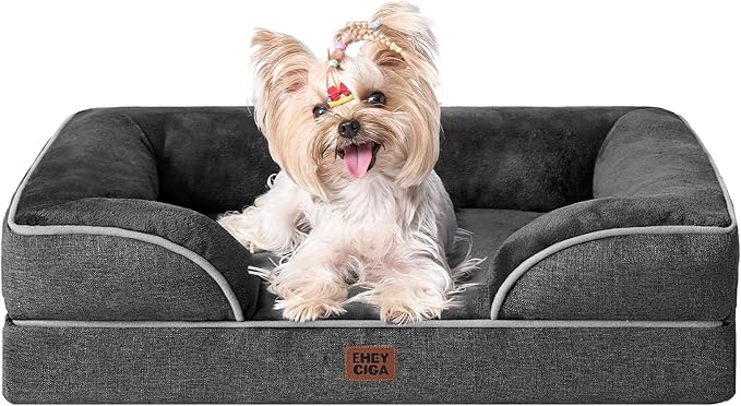 EHEYCIGA Orthopedic Dog Bed for Small Dogs, Waterproof Memory Foam Small Pet Beds with Sides, Non-Slip Bottom and Egg-Crate Foam Medium Dog Couch Bed with Washable Removable Cover, Dark Grey