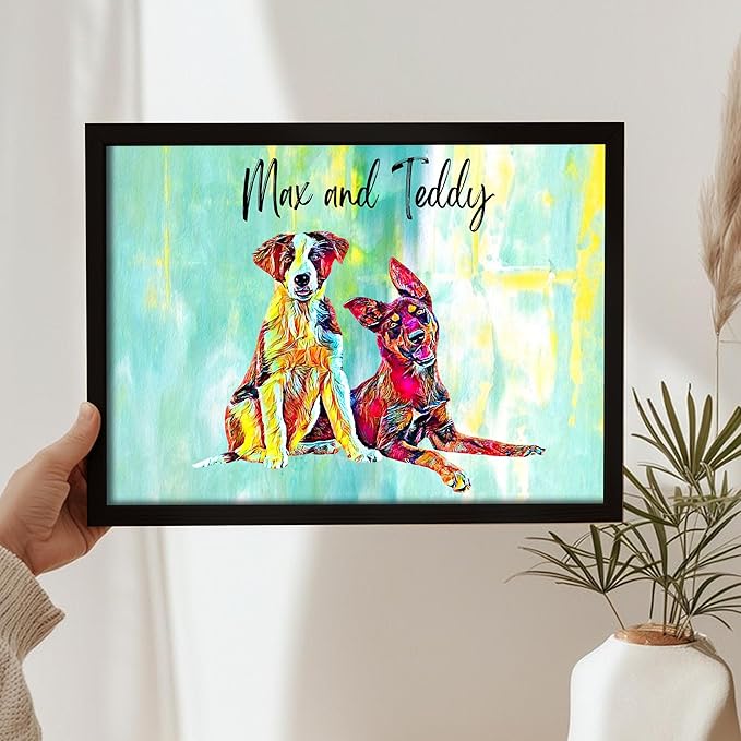 Julyly POD Custom Dog Portrait, Personalized Canvas Wall Art with Name, Whimsical Painting Decor, Pet Portrait from Photo, Cat Poster, Pet Memorial Gift, Birthday, Christmas Gift for Dog Lovers
