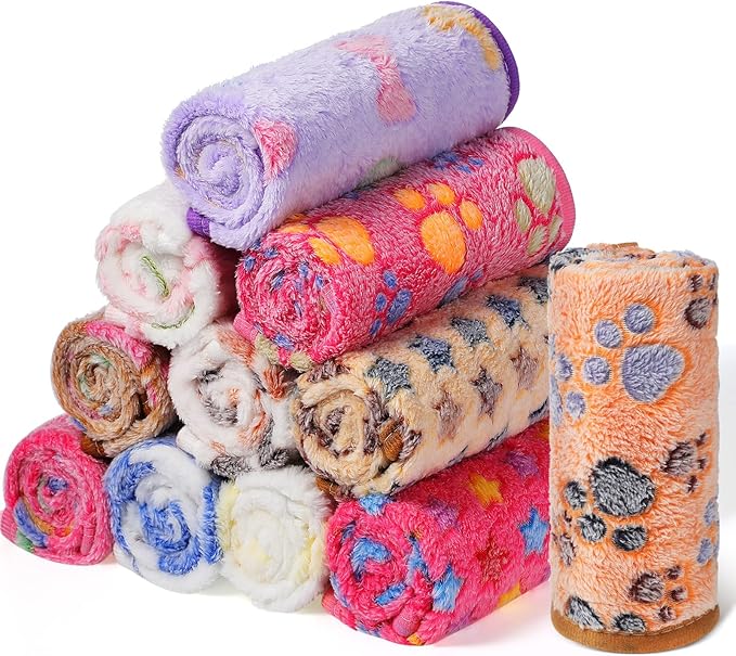 Tatuo 12 Pieces Puppy Blanket Warm Dog Cat Sleep Mat Pet Kitten Doggy Fleece Blankets with Cute Dog Paw Bone Star Elephant Patterns Printed Fluffy Blanket for Small Cat Puppy(16 x 24 Inch)