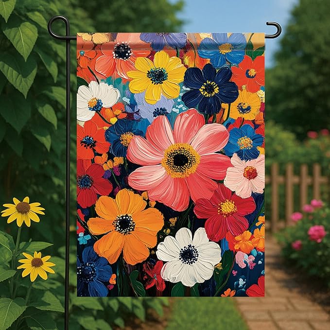 Garden Flag Colorful Flower Field Oil Painting Style Yard Welcome Banner Double Sided Spring Summer Outdoor Decoration for Lawn Patio Artistic Floral Seasonal Garden Decor 12 x 18 Inch