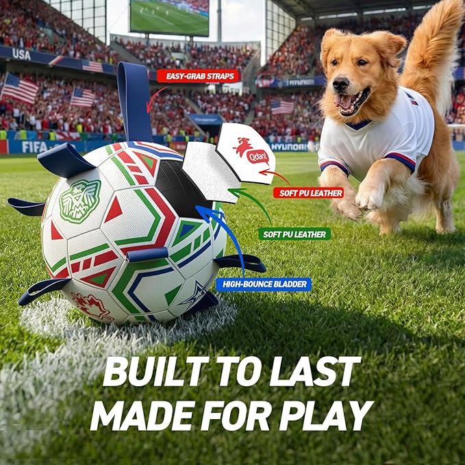 QDAN World Cup Soccer Ball for Dog, 8 Inch Dog Balls with Straps for Interactive, Tug and Training, Indoor Outdoor Toys for Medium & Large Dogs, 2026 Herding Ball