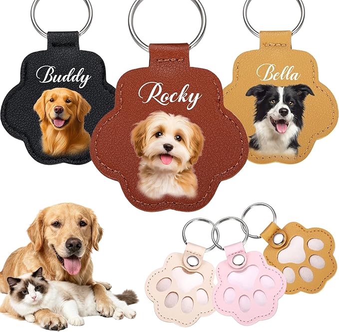 Personalized Dog Hair Keychain with Photo Name, Custom Pet Fur Keepsake, Pet Memorial Gifts for Dogs,Pets Paw Shaped Leather Keychain, Cat Memorial Gifts for Loss of Cat, Christmas Gift for Dog Lover