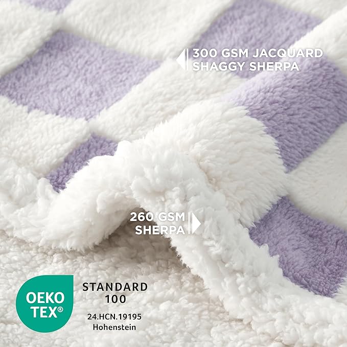 LE SURE Waterproof Dog Blanket for Large Dogs - Washable Double Sided Dog Blankets with Warm Jacquard Shag and Soft Sherpa Fleece, Pet Cat Blanket for Bed Couch Protection, 3D Textured Checks, Purple