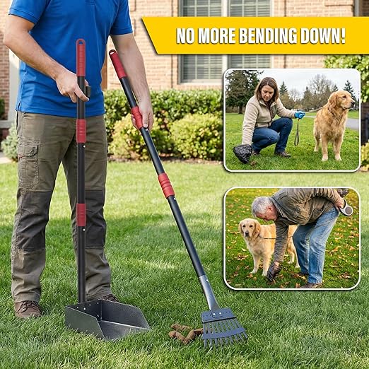 Dog Pooper Scooper, 7Pcs Set Poop Trash Can with Removable Inner Bucket, Long Handle Tray & Rake, 60 Waste Bags, Dog Waste Large Bin Waterproof for Outdoor, Backyard, Garden