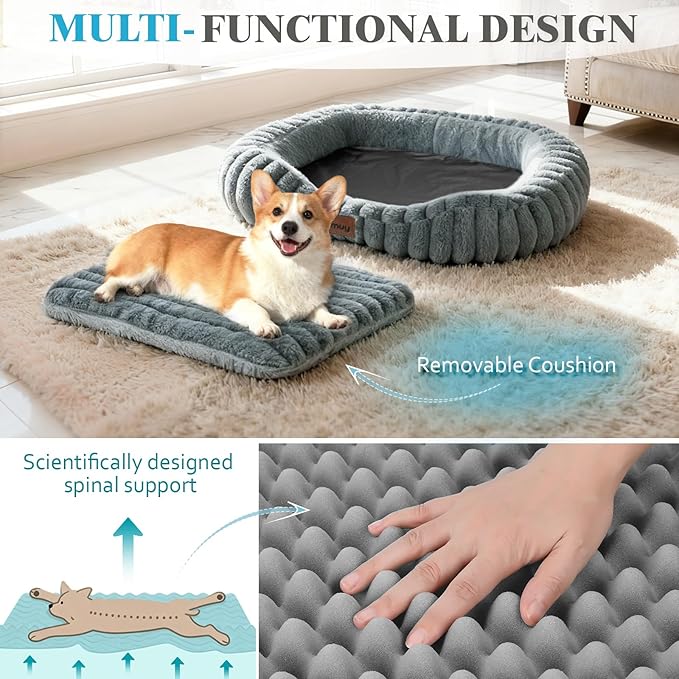 Cute Dog Bed for Small & Medium Dogs - Calming Orthopedic Rectangle Dog Bed with Reversible Cushion and Removable Cover, Washable Soft Pet Kennel Bed with Handle, 30x24x4Inches, Warm Grey