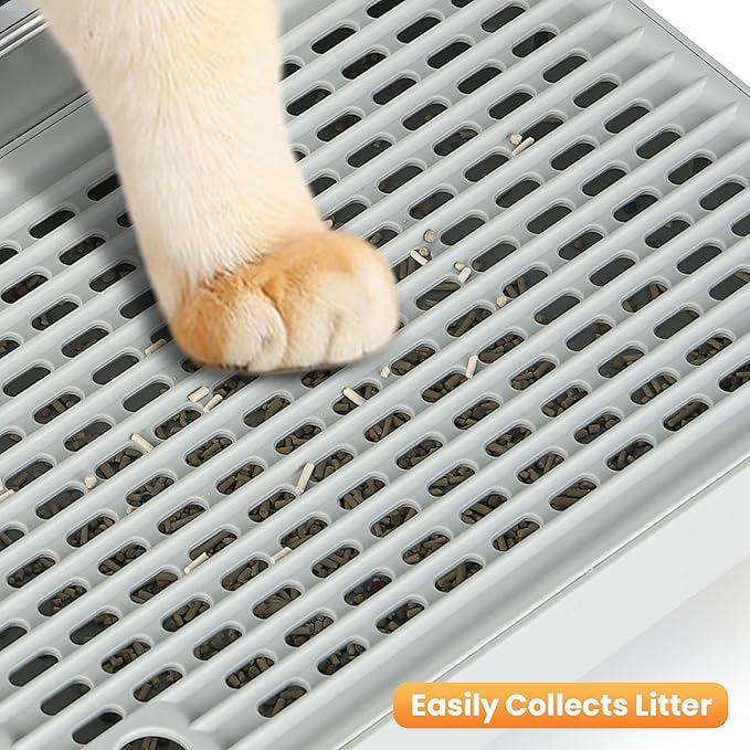 Litter Box Step, Litter Box Ramp/Catcher with Wooden Base, Anti-Tracking & Easy to Clean, Ideal for Small & Elderly Cats (Grey)