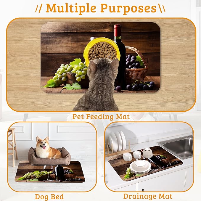 Pet Feeding Mat,Red Wine Absorbent Dog Cat Food Mat Grape Wood Dog Mat with Rubber Backing,Non-Slip Water Bowl Placemat,Pet Supplies 16" x 24"