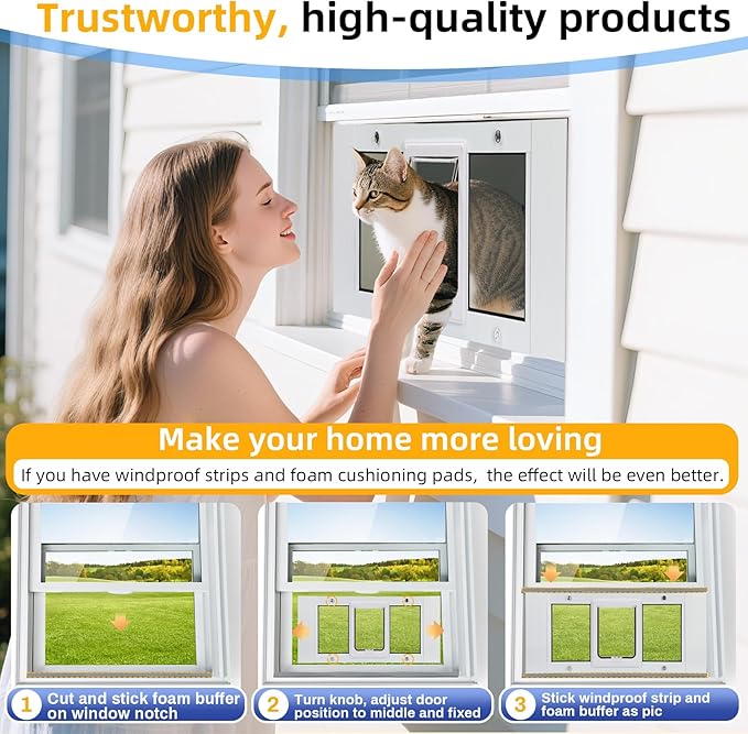 Full Size Window Pet Door for Cats & Small Dogs 31"-36" Various Sliding Windows, 4 Flexible Locking Modes, High-Definition, high-Transparency cat Door for Windows, Magnetic Reset Design
