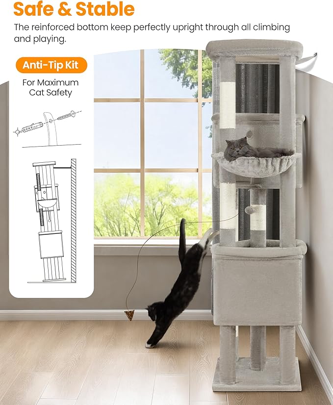 Extra Large Cat Tree, 84 Inch XXL Giant Cat Tower for Indoor Cats Large Adult 20lb+, Multi-Level Cat Climbing Condo with 5 Scratching Posts, 3 Wide Platform Perches, 2 Baskets, 2 Cat Caves, Light Grey