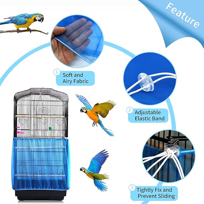 Daoeny Universal Bird Cage Cover, Adjustable Seed Feather Catcher, Soft Airy Nylon Mesh Parrot Net, Birdcage Cover Skirt Sheer Guard for Round Square Cages (Blue)