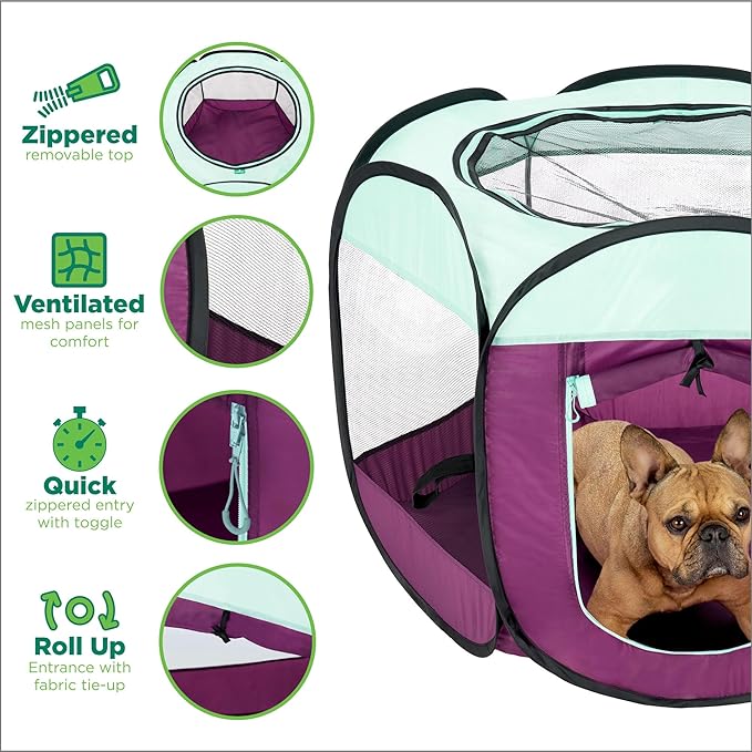Furhaven Portable Dog Playpen Cat Tent, Pet Playground,Kennel Foldable Indoor Outdoor Zippered Puppy Crate - Purple, Small