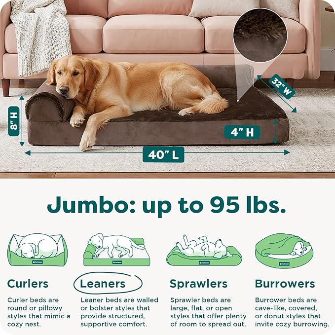 FurHaven Orthopedic Dog Bed for Large Dogs, L-Shaped Chaise Mattress, Egg Crate with a Solid Orthopedic Foam Base for Joint Support, Removable Washable Cover, Jumbo XL, Plush & Velvet, Sable Brown
