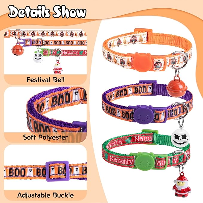 Christmas Cat Collar with Bells, Thanksgiving Cat Collar Breakaway, Halloween Kitten Collars for Girl Boy Cats, 3 Pack Fall Kitty Holiday Collars Adjustable 8-12inch