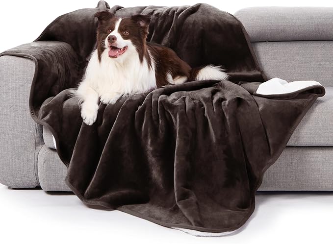 gogobunny Waterproof Bed Blanket, Reversible Sherpa Fleece Throw Blanket for Dog Puppy Cat, Furniture Cover Protects Bed Couch Sofa from Liquid Pee and Pet Fur (Dark Brown, 90x90 inches)