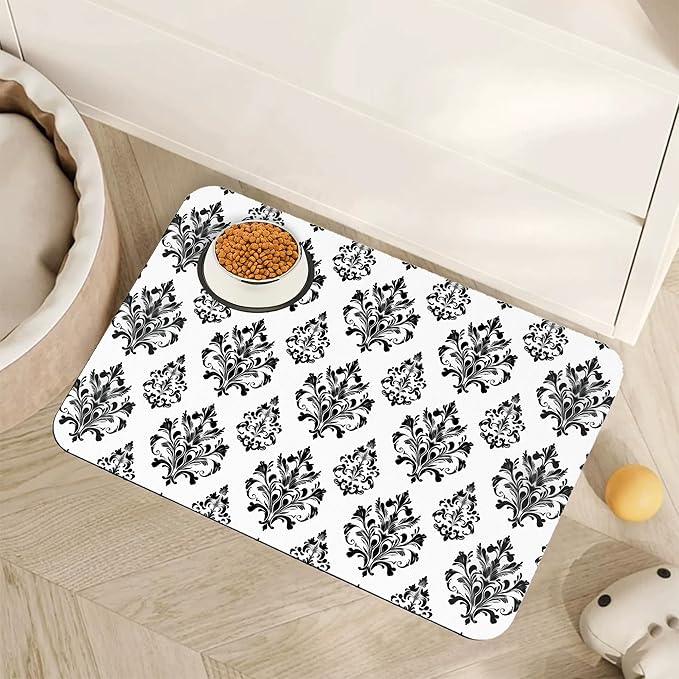Vintage Damask Flower Dog Cat Food Mat,White Black Floral Absorbent Pet Feeding Mat for Food and Water,Non-Slip Dog Bowl Mats Floor Protector 12"x20"