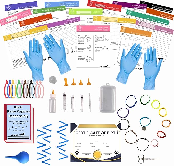 Puppy Whelping Supplies 64 Piece Puppy Whelping Kit for Puppies Birth Pregnant Dog Birthing Supplies Newborn Collars for Litter Bottles for Nursing