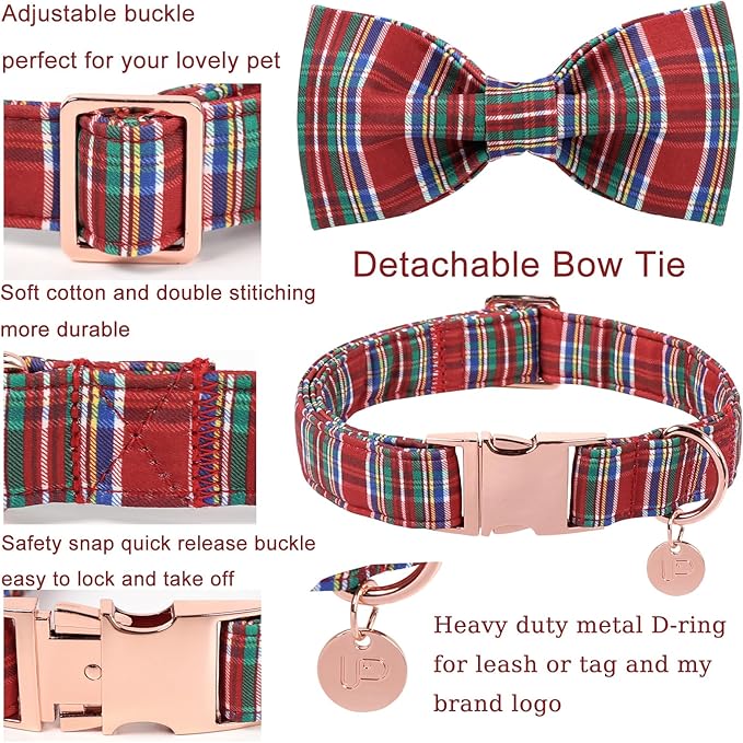 Christmas Plaid Dog Collar with Bow, Red and Blue Check Adjustable Pet Collar with Quick Release, Christmas Stripes Bowtie Collar for Small Medium Large Dogs L