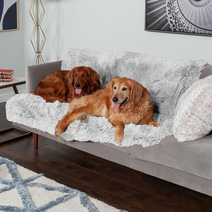 FurHaven Waterproof Throw Blanket For Dogs & Indoor Cats, Reversible Protective Pet Blanket, Extra Large, Long Faux Fur & Velvet, Mist Gray