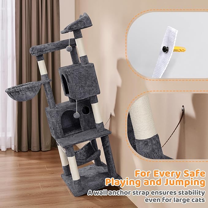 Yaheetech 64.5in Extra Large Cat Tree with 2 Perches, 2 Condos, 5 Scratching Posts, Funny Hammock & Basket & Dangling Balls, Multi-Level Cat Tower for Indoor Felines, Dark Gray