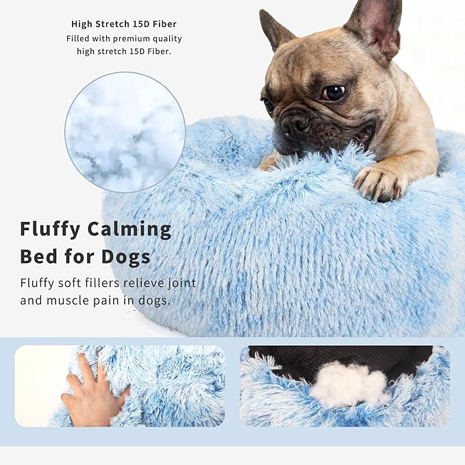 Calming Donut Dogs Beds for Small Dogs Washable,23inch Plush Round Pet Bed for Cozy Sleep,Fluffy Faux Fur Large Cat Bed,Fits up to 25 lbs Pets,Gradient Blue