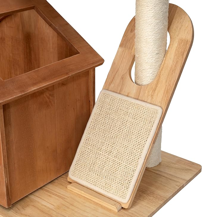 Kitty City Wooden Cat Tower with Hideaway House & Scratching Pad, Modern Two-Level Indoor Cat Furniture with Removable Sherpa Cushion