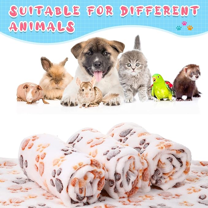 Tatuo 4 Pcs Dog Blanket for Pet Cat Blankets Indoor Puppy Teething Stuff Toys Paw Print Fleece Soft Blanket Sleep Mat for Guinea Pig Cage(White,Small(24 x 16 Inch))