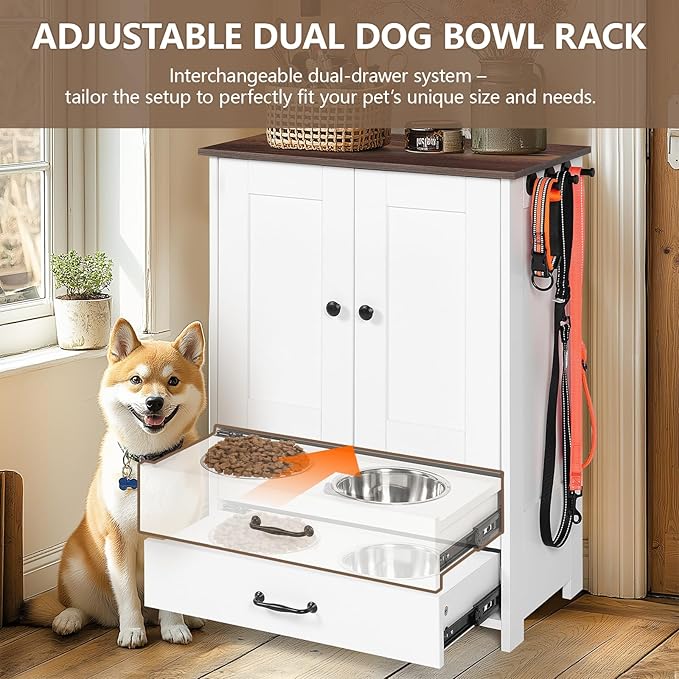 Dog Feeding Station with Storage Cabinet, 2 Adjustable Elevated Dog Bowls, Hidden Pull-Out Pet Feeder, Pet Food & Toy Organizer for Dogs & Cats