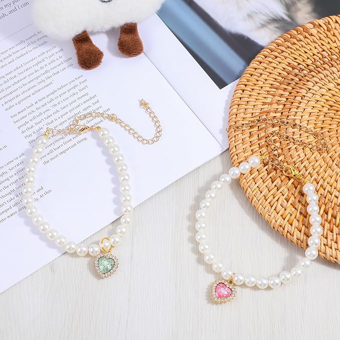 2PCS Kitten Collars Pearl Cat Dog Collar with Small Heart Shape Rhinestone, Cat Collars for Girl Cats, Adjustable Dog Pearl Necklace Collar for Small Dogs and Cats, Pink + Green
