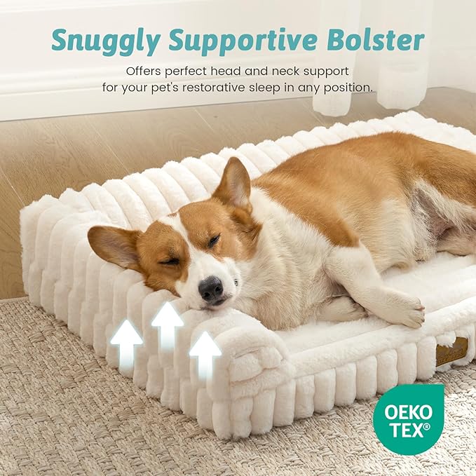 Cute Dog Bed for Small Dogs, Faux Rabbit Fur Orthopedic Foam Dog Bed with Sides, Removable Washable Cover & Waterproof Lining, Comfortable Pet Couch, Cream (30" L x 20" W x 6" Th)