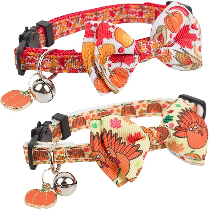 ADOGGYGO Thanksgiving Cat Collars with Bow Bell, Breakaway Fall Kitten Collar with Bowtie Pumpkin Turkey Collar for Girl Boy Cats Kittens