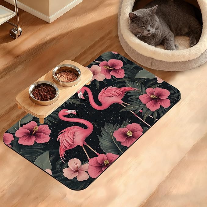 Pet Feeding Mat,Pink Flamingo Absorbent Dog Cat Food Mat Palm Leaves Dog Mat with Rubber Backing,Non-Slip Water Bowl Placemat,Pet Supplies 12" x 20"
