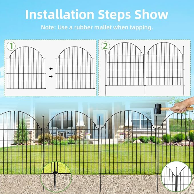 Decorative Metal Garden Fence with Gate Lock 5 Panels, 32in (H) x 11.8ft (L) No Dig Dog Fence Outdoor for Yard, Temporary Rustproof Metal Wire Rabbit Dog Garden Border Fencing for Patio