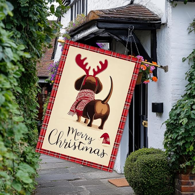 Merry Christmas Garden Flag Back View Dog Reindeer Antlers 28 x 40 Inch Double Sided Welcome Large Yard Banners for Dog Lovers Porch Home Simple Outdoor Winter Holiday Pet Decor