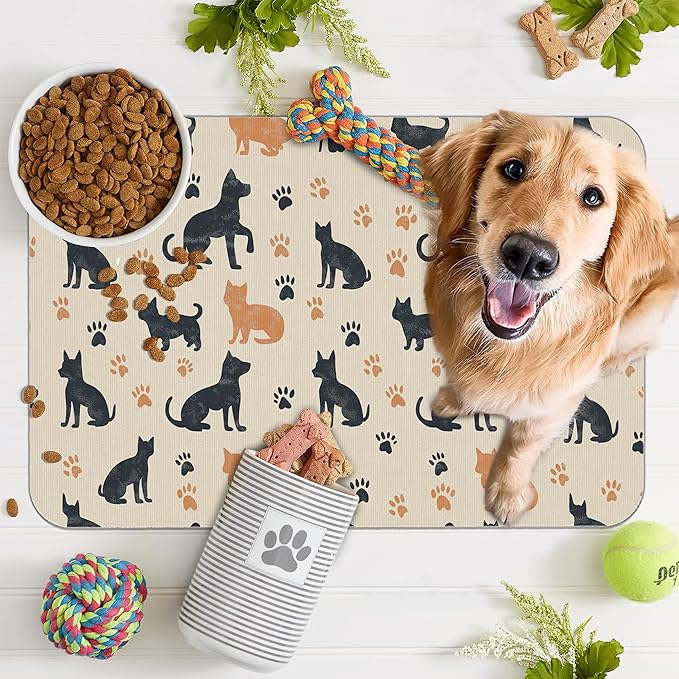 Cute Cat Paw Prints Dog Food Mat for Floors,Vintage Boho Absorbent Pet Food and Water Bowl Mats,Non-Slip Pet Feeding Mat,Pet Supplies 12" x 20"