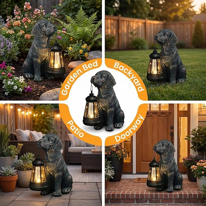 Lyeasw Solar Dog Statues with Lantern – Waterproof Outdoor Dog Figurines for Garden, Yard & Porch, Auto On/Off Solar Light, Birthday for Mom & Dog Lovers