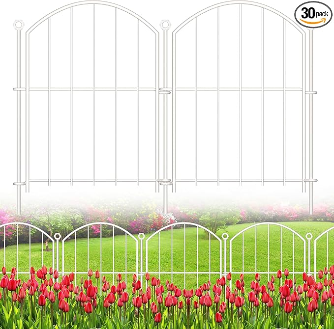 Decorative Garden Fence 17in x30ft, 30 Pack Rustproof Metal No Dig Fence Animal Barrier for Dog, Arched Flower Bed Edging Ornamental Wire Border Panel Fencing (White, 30 Panels-17in(H) x30ft(L))