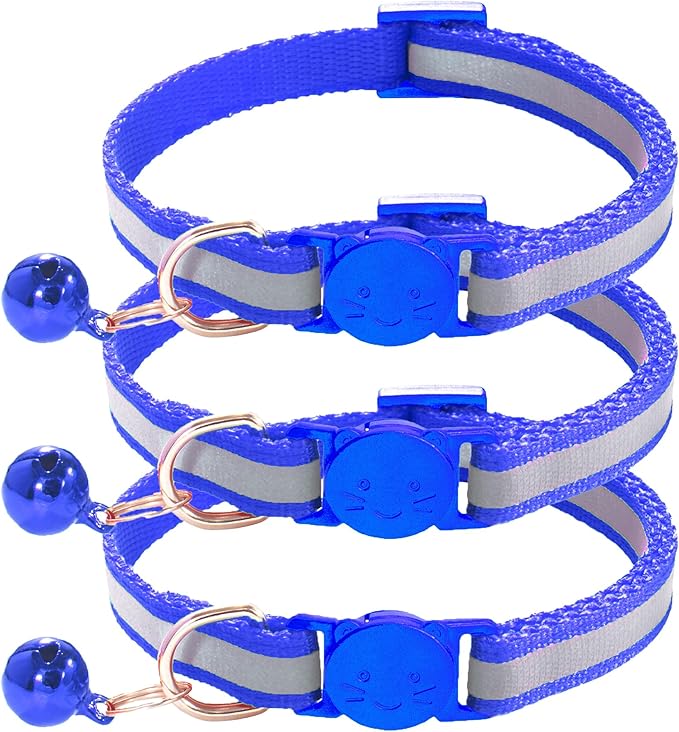 3 Pack Reflective and Breakaway Cat Collars with Bells，Adjustable Kitten Collars from 7.5 to 12.5 Inches, Ideal of Kitten Collar, Suitable for Girls and Boys (Navy Blue)