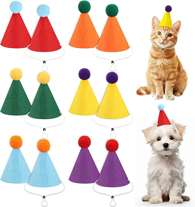 12 PCS Mini Party Hats for Stuffed Animals Birthday Felt Cone Hat with Pompom Adjustable Pets Birthday Party Hats for Assorted Animal Dog Cat Rabbit Puppies Costume Accessories Decor